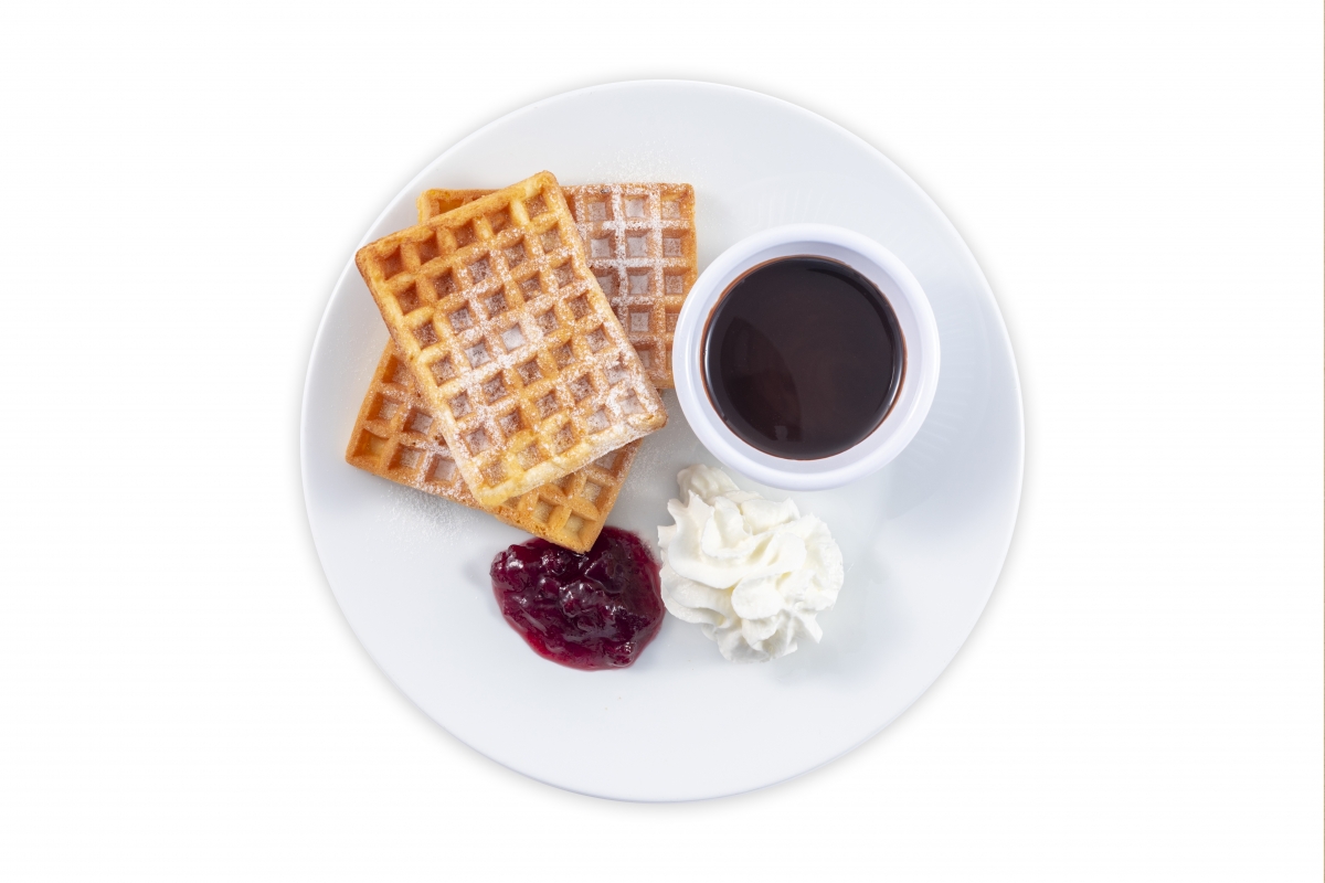 English waffles with Chocolate sauce, cream, lingonberry