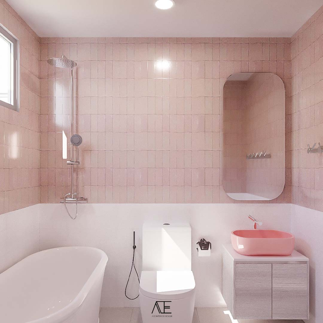 Pastel pink HDB bathroom with bathtub in Singapore