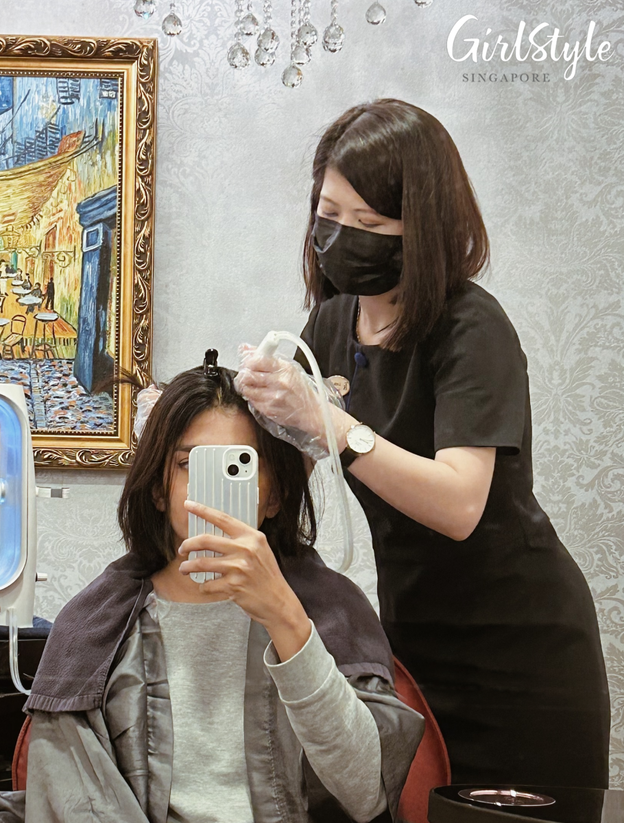 The special Customised Treatment Essence was sprayed onto my scalp with a NanoMist Spray to strengthen hair growth.