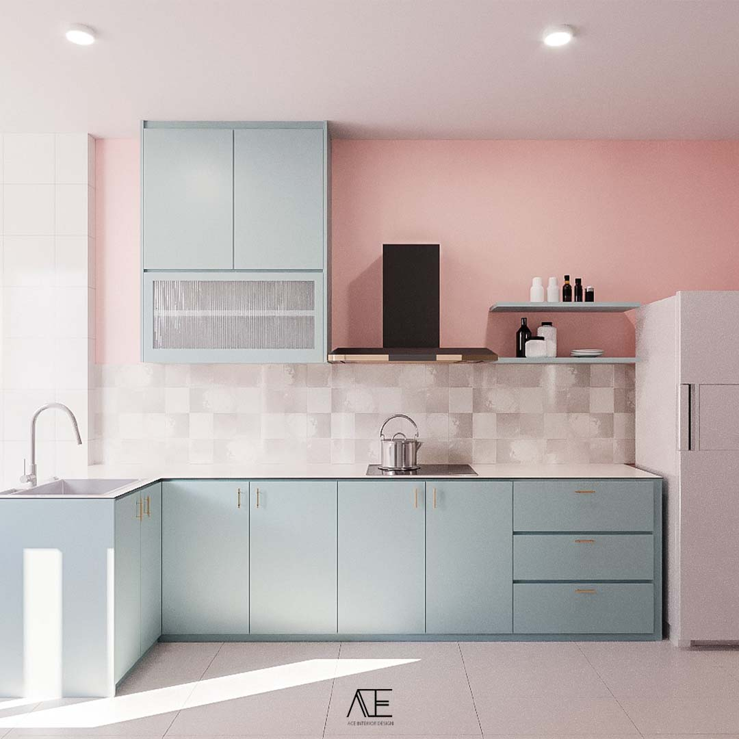 Pastel pink & blue HDB kitchen in Singapore