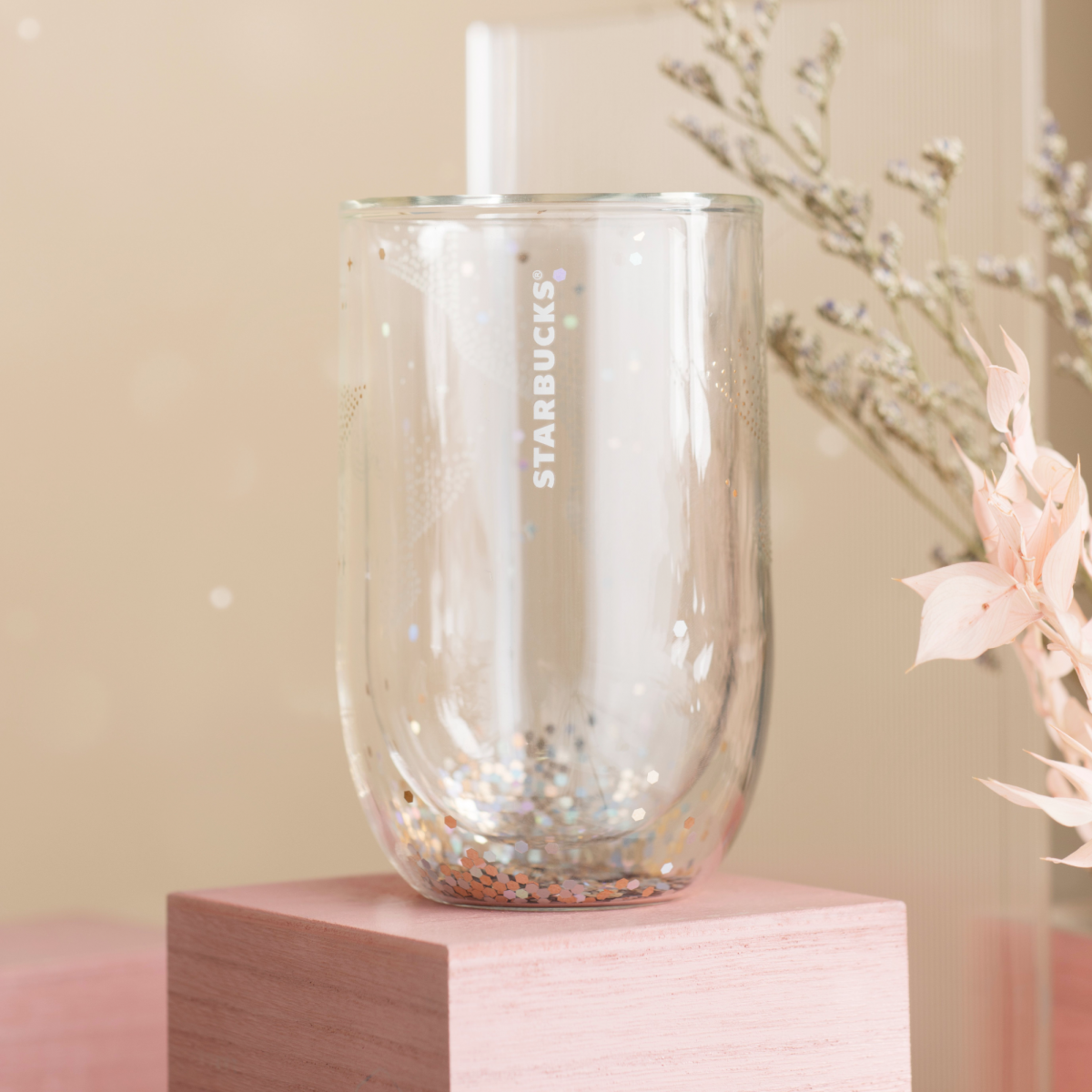 Starbucks Pearlized White And Gold Confetti Glass Cup - Winter Blossoms 2023 Singapore