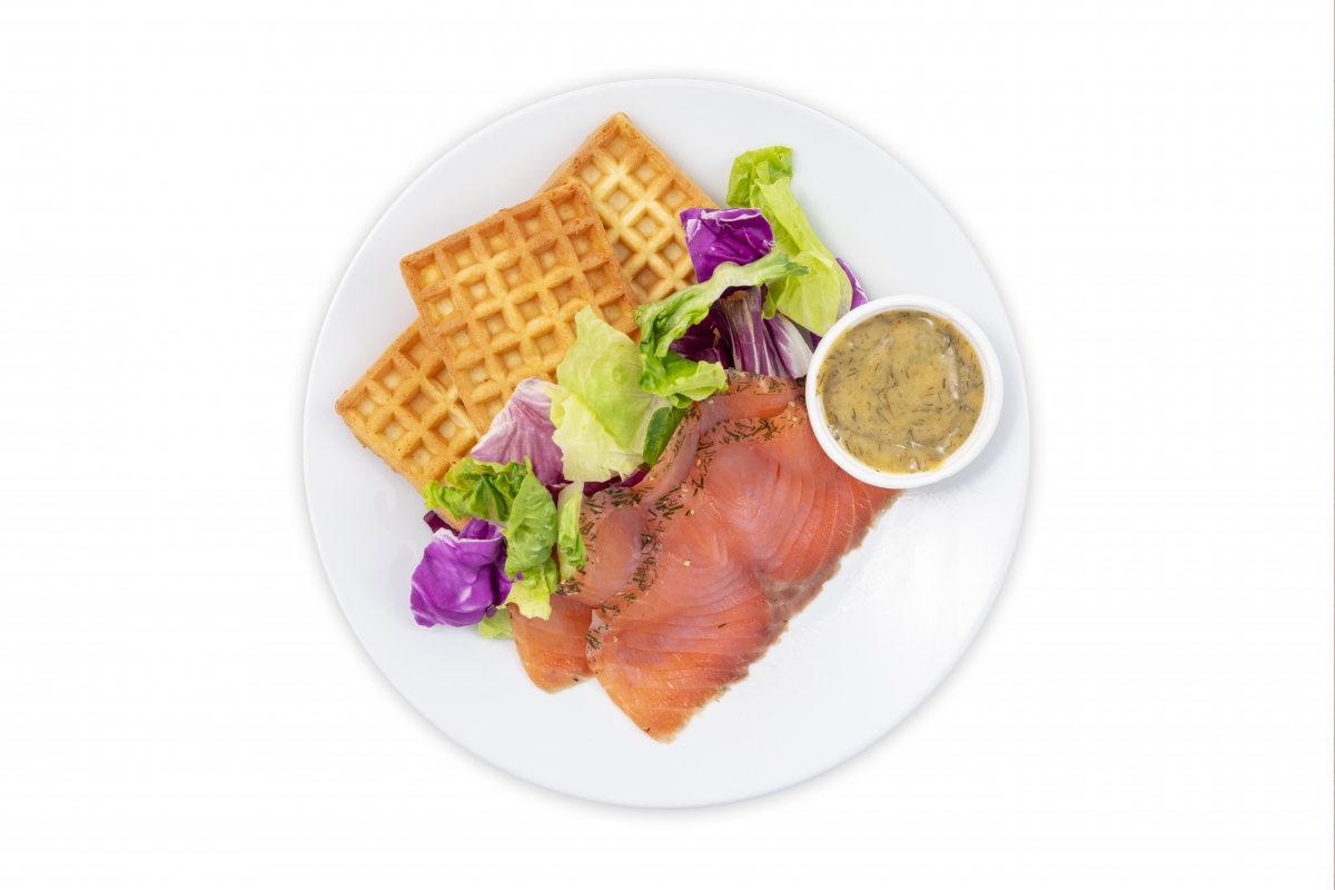 English waffles with Marinated Salmon & Green Salad