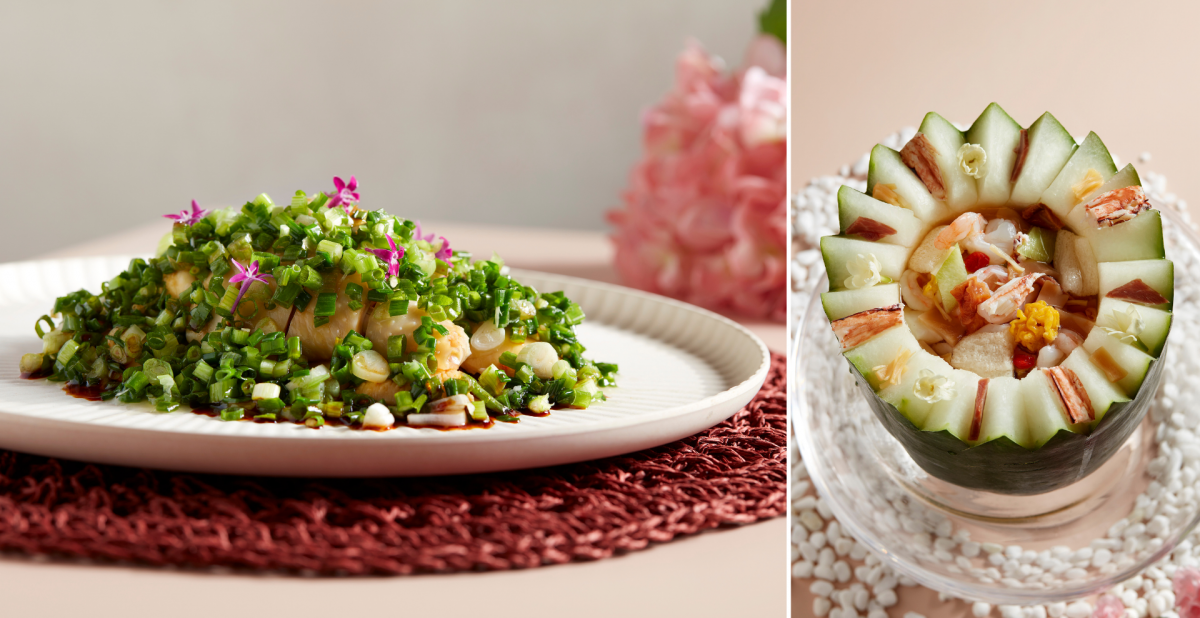 Chilled Boneless Kampung Chicken with Scallion & Sand Ginger 沙姜葱油去骨走地鸡 and Eight Treasure Seafood Soup with Jasmine in Whole Winter Melon 夜香花八宝海皇冬瓜盅 from Crystal Jade Palace.