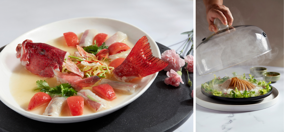 Steamed Whole Deboned Fish Wrapped in Crystal Jelly in Teochew style 潮式蒸鱼麒麟粉皮卷 and Braised Smoked Duck in Teochew style 潮式烟熏水晶皮卤水鸭 from Crystal Jade Golden Palace.