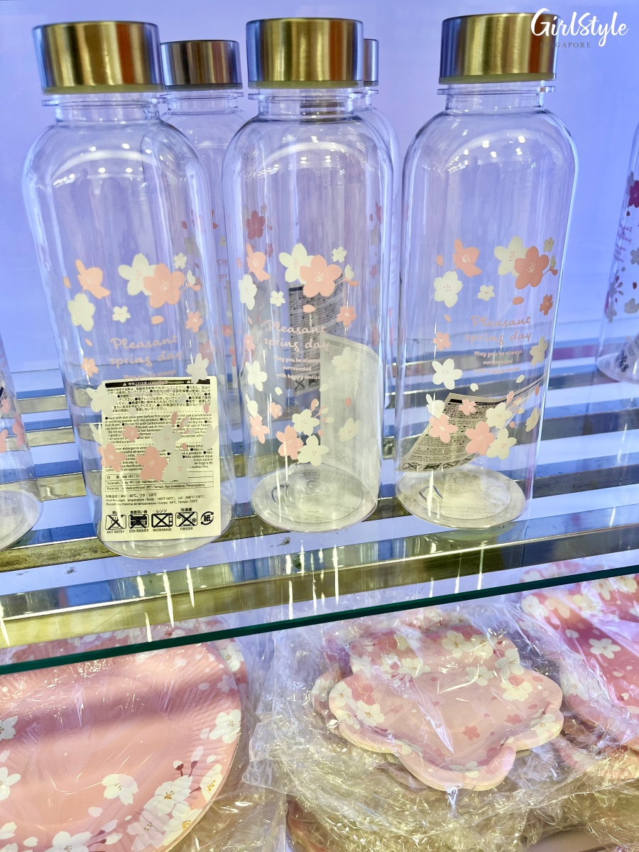 Sakura water bottles and disposable plates at Daiso Singapore