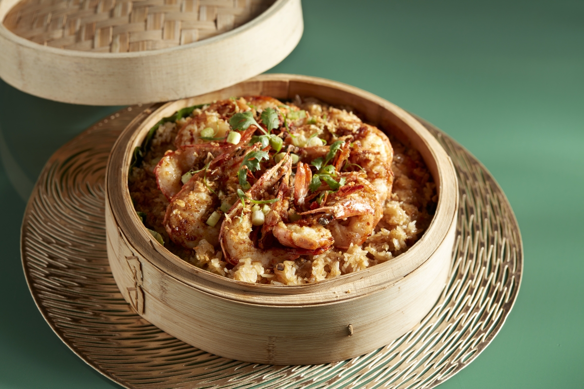 Steamed Live Prawn with Lotus Leaf on Fried Glutinous Rice 荷香金稻蒸生虾 from Crystal Jade Pavilion.