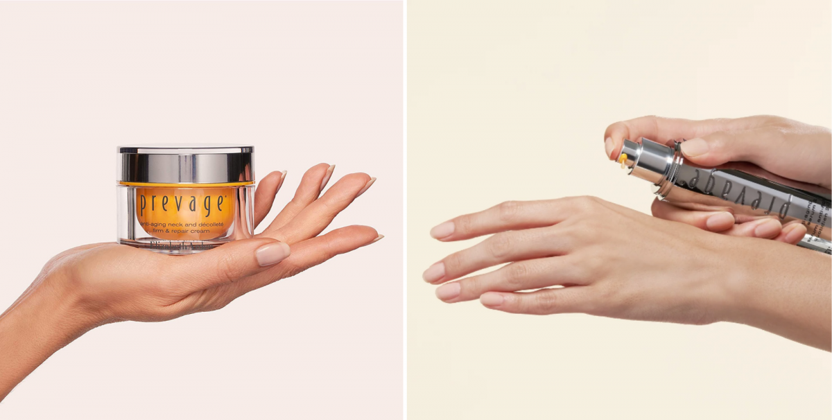 PREVAGE® Anti-Aging Neck and Décolleté Firm & Repair Cream (left) and Anti-Aging Daily Serum 2.0.