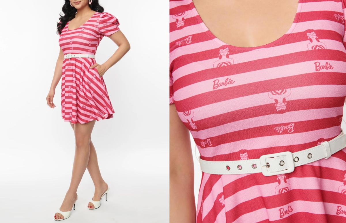 Barbie™ x Unique Vintage Pink Stripe Barbie™ Icon Flare Dress