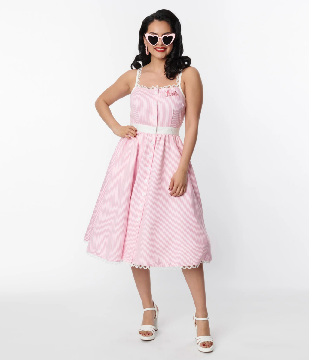 Barbie™ x Unique Vintage Pink & White Piper Swing Dress