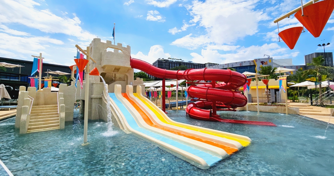 Sandcastle-themed wet-play zone at Splash Tribe