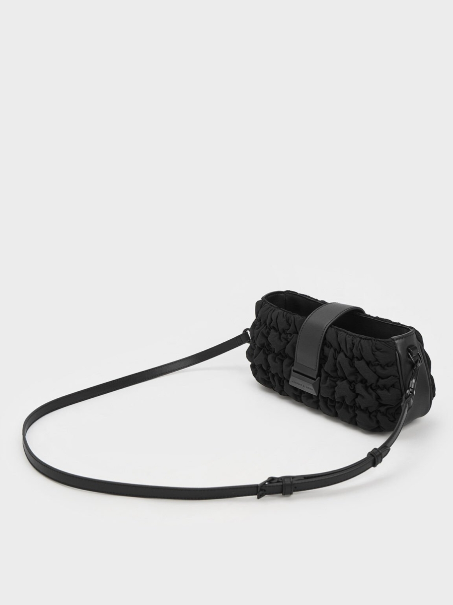 Ruched Nylon Chain Handle Bag - Black