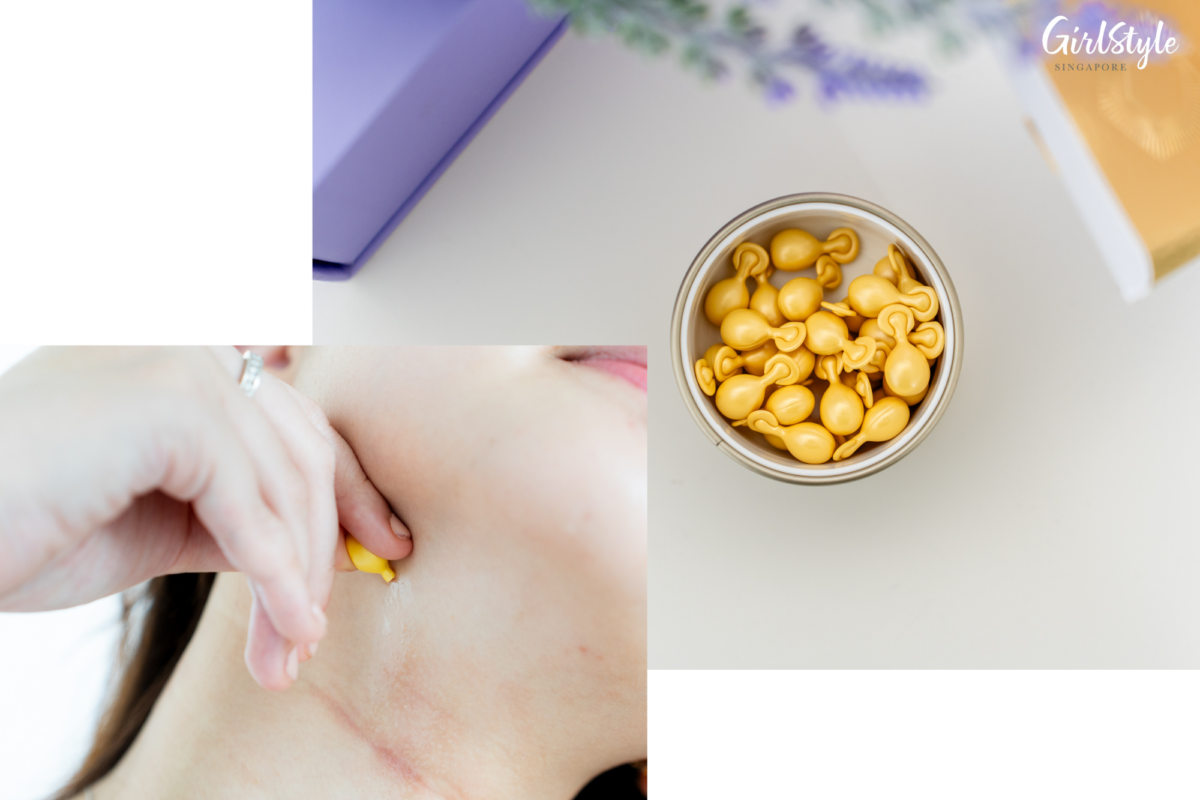 Applying the 3D Firming & Recovery Sunflower Serum Pearl on my neck, which is red because of my hives