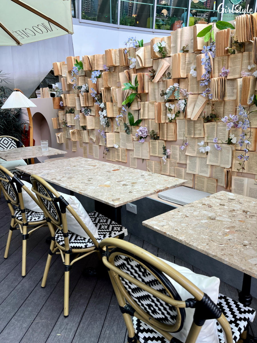 Book-covered wall at Nico Cafe @ Wheelock Place