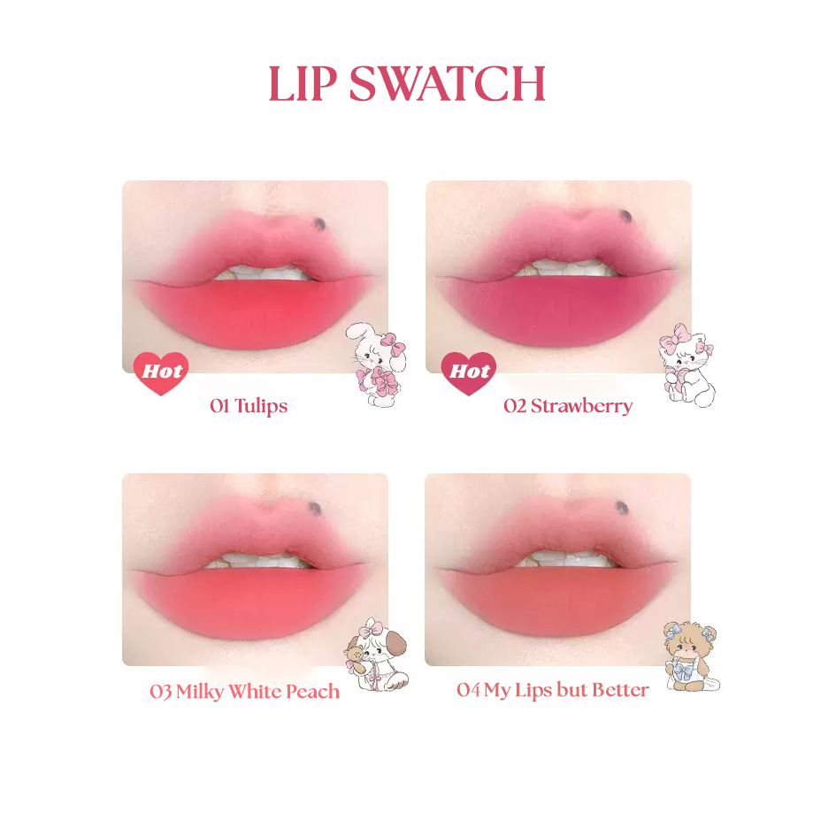 Flortte × Mikko Rua Rua Illustrations Matte Lip Cream shade range