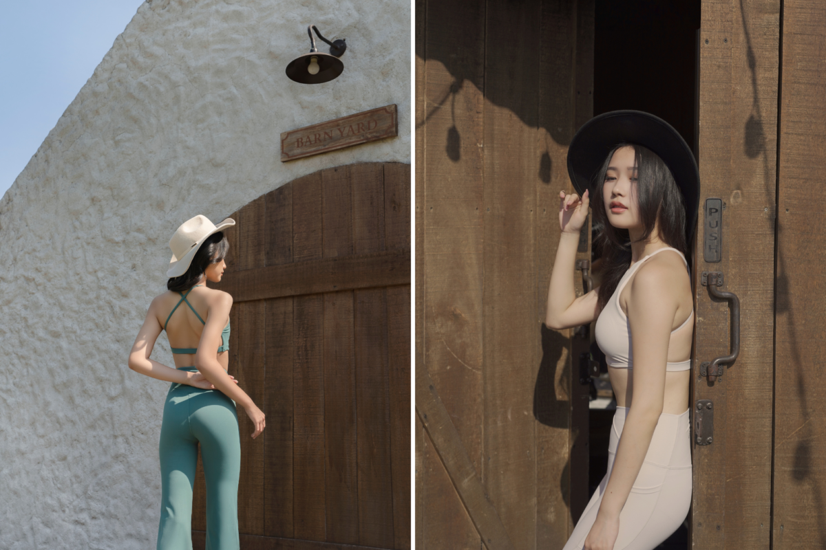 Cali Strappy Bra & Cowgirl Flare Leggings in Lucky (left); Cali Strappy Bra & Crossover Pocket Leggings in Ranch (right)