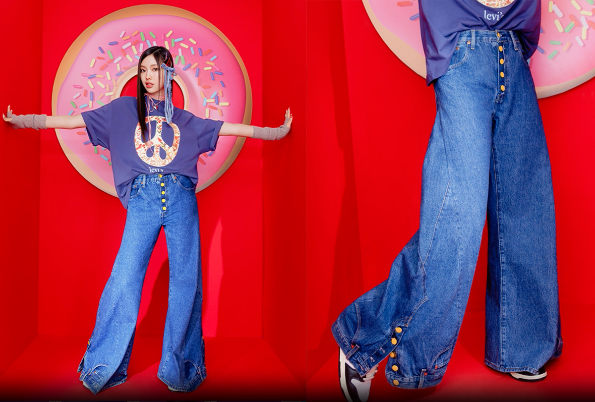 As seen on HYEIN: 501® Original jeans, recrafted with a flared leg and yellow shank buttons