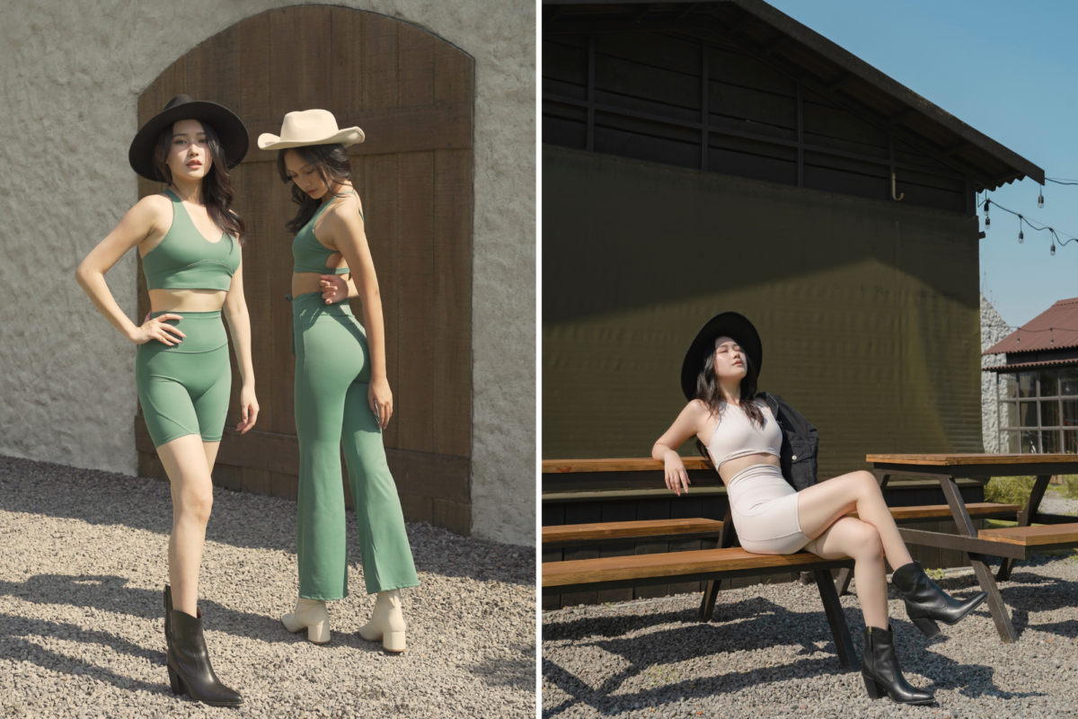 Cali Strappy Bra & Cowgirl Flare Leggings, Rodeo Cutout Bra & Cowgirl Flare Leggings in Rodeo (left); Cali Strappy Bra & Adapt Highrise Biker Shorts (6" inseam) in Ranch (right)