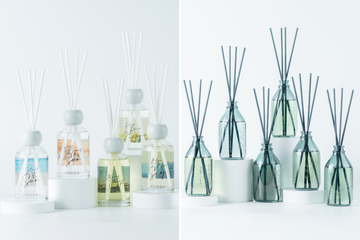 Reed diffusers from HOOGA’s Skycation series (left) & Quote series (right)