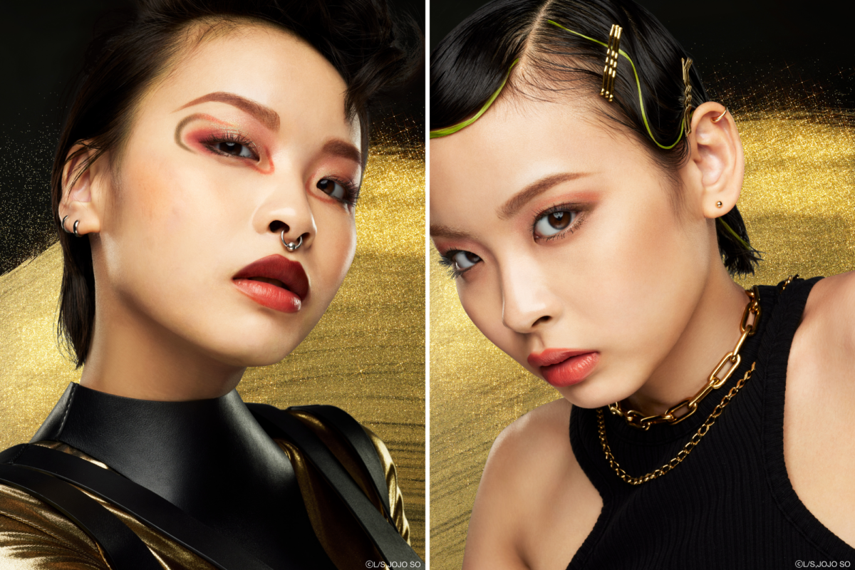 Eye makeup look created with butterfly dagger eyeshadow palette, rouge unlimited kinu matte in shade BR793 for the upper lip, and rouge unlimited bizarre marble for the lower lip (left); eye makeup look created with butterfly dagger eyeshadow palette and rouge unlimited kinu cream in free stone beige (right)