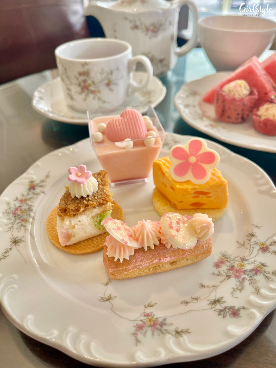 Pink Guava Mousse Cup, Mango Cake, Raspberry Eclair and Coconut Pandan Cake