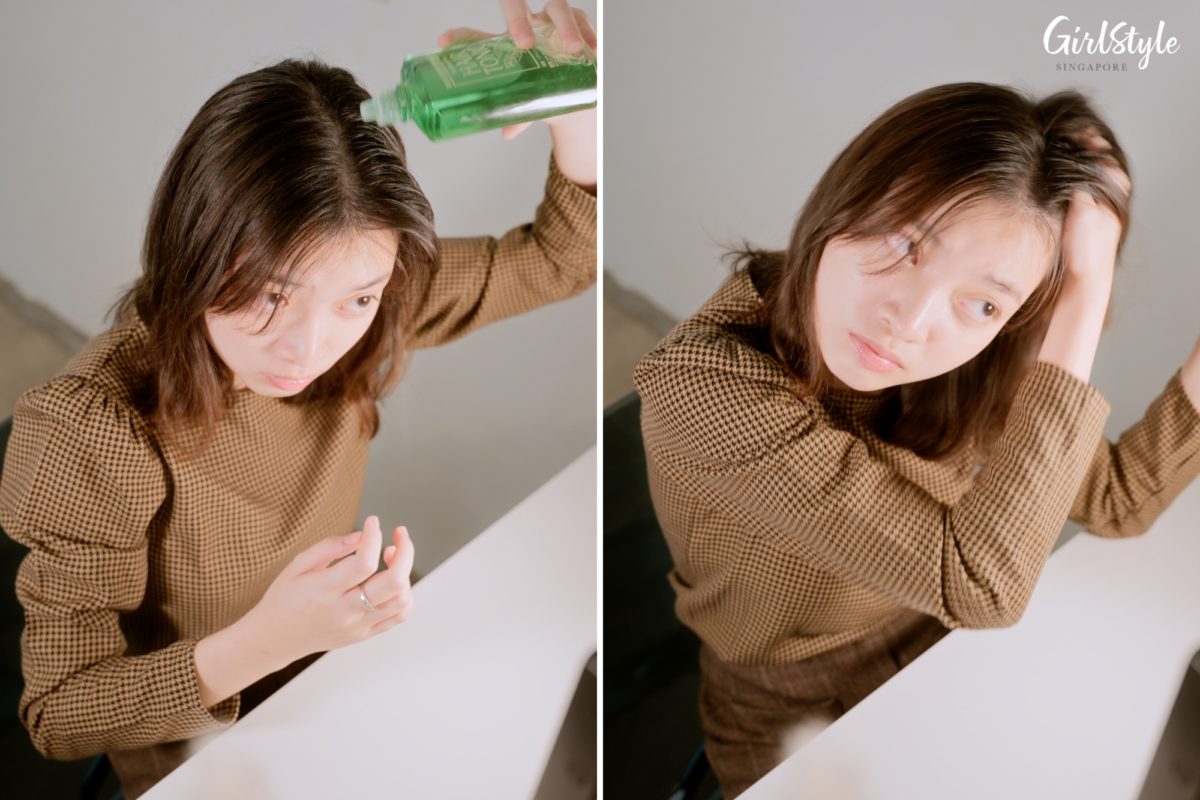 Applying YANAGIYA’s Hair Tonic to my scalp