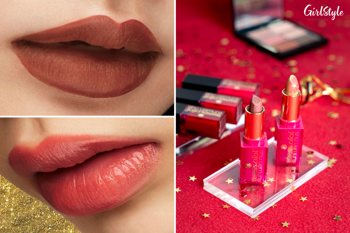 shu uemura’s rouge unlimited kinu matte lipstick in free stone beige (top left; right lipstick on the right) & rouge unlimited in bizarre marble (bottom left; left lipstick on the right)