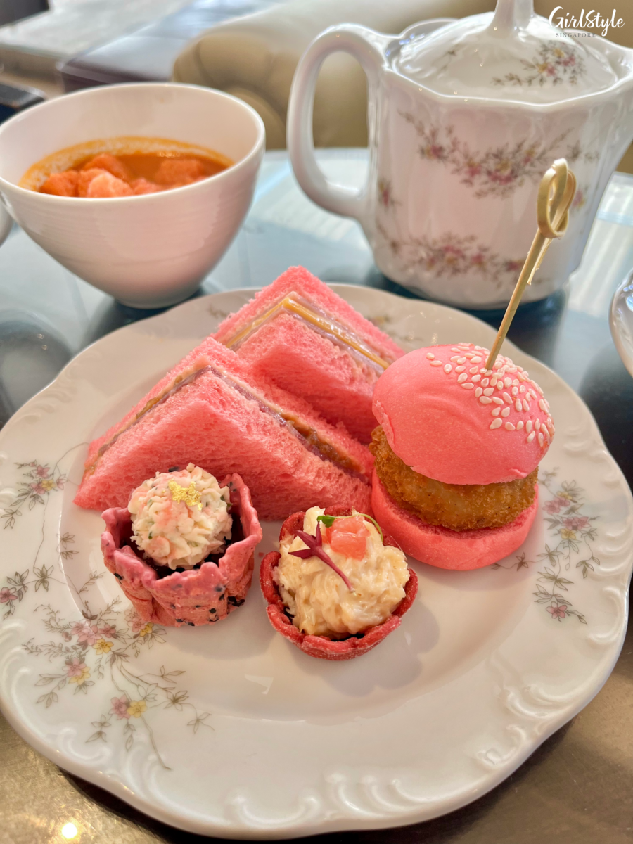 Pink finger sandwiches and mini burgers