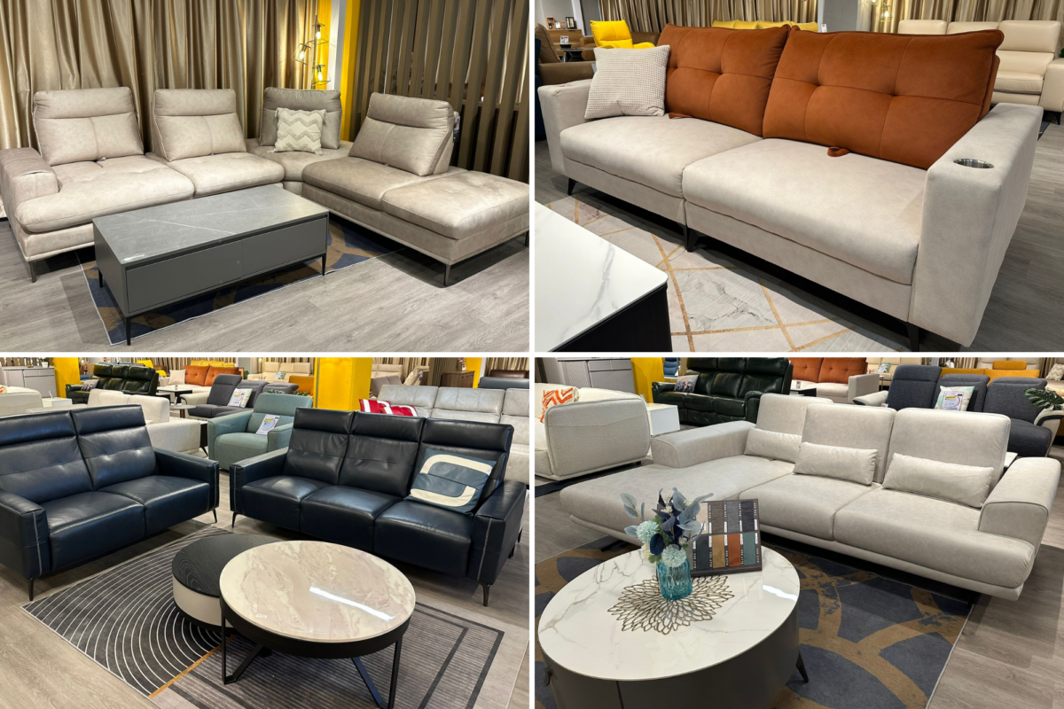 Premium Leather Sofa (top left), 3-Seater Water-Repellent Fabric Sofa (top right), 3+2 Seater Premium Leather Sofa (bottom left); Premium Leather L-Shape Sofa (bottom right)