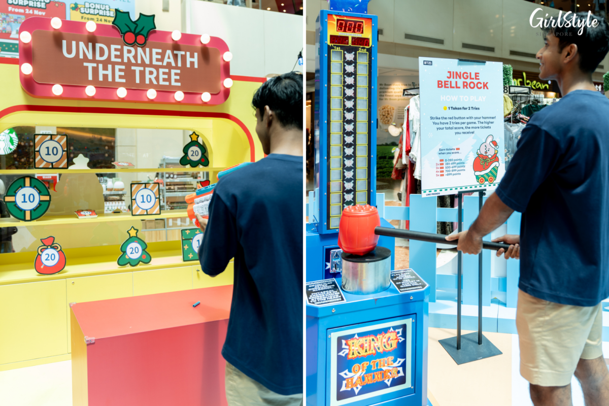 Isaac puts his shooting skills to the test and takes a swing at the strength detector with the hammer provided