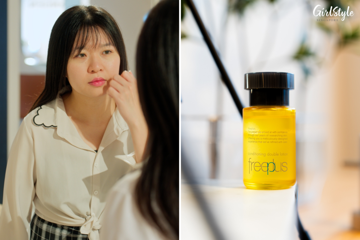 Zoe assesses the condition of her face (left); freeplus’ Conditioning Double Lotion (right)