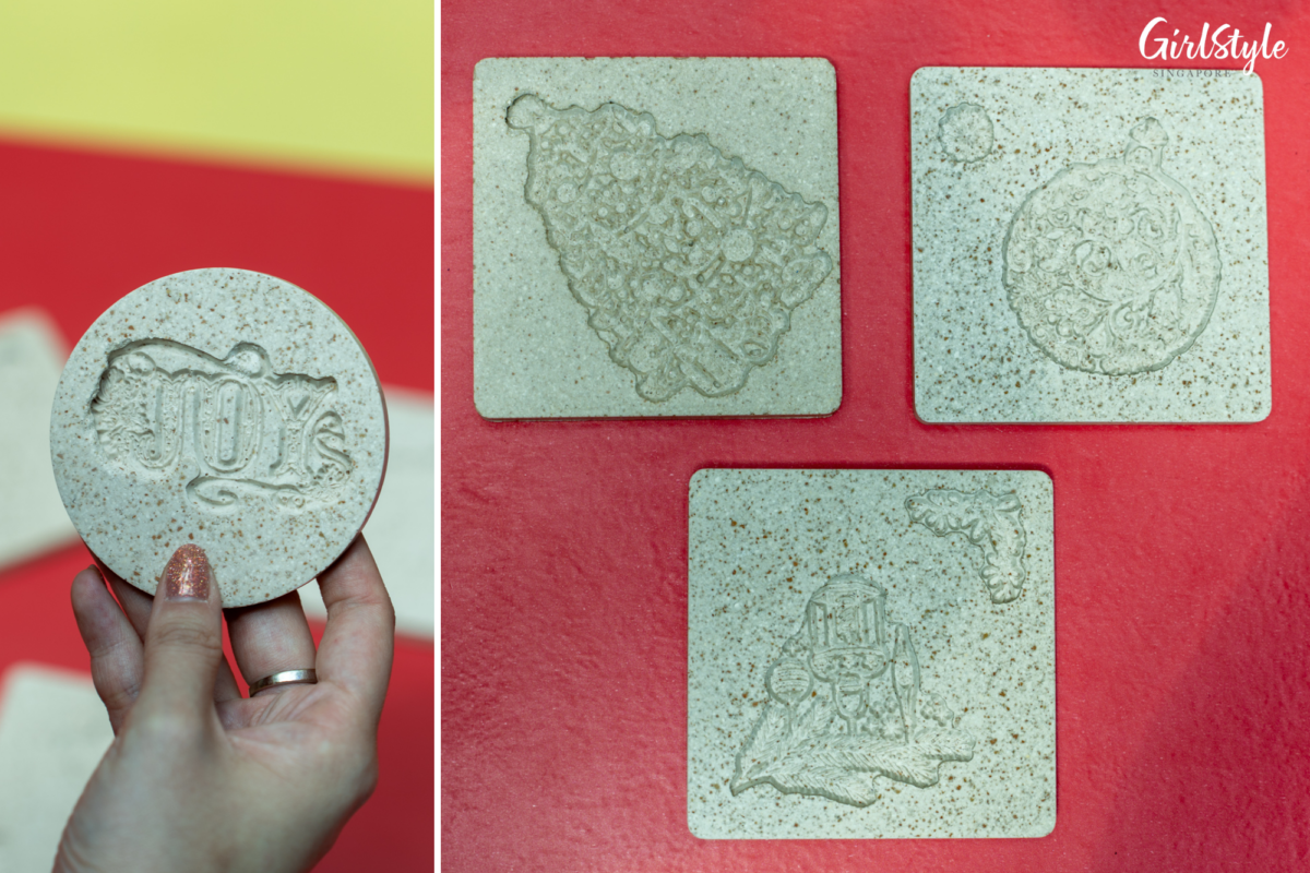 Emboss your eggshell coasters with festive lettering and designs