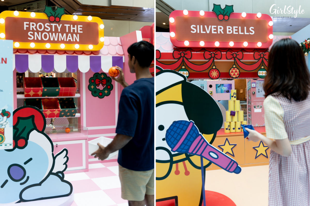 Our Video Editor Isaac throws a mini basketball into the boxes (left); I attempt to knock cans down with bean bags (right)