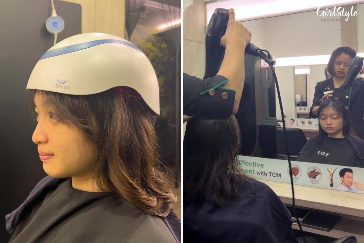 Enjoying the Alpha Beam Light Therapy (left) & having my hair dried (right)