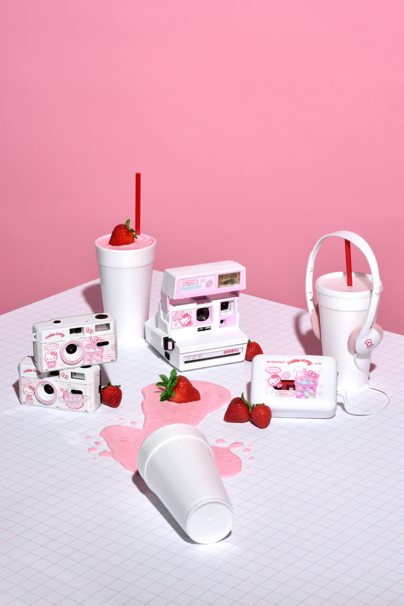 Retrospekt “Strawberry Kawaii” Hello Kitty-themed Polaroid instant camera, FC-11 35MM film camera and CP-81 portable cassette player