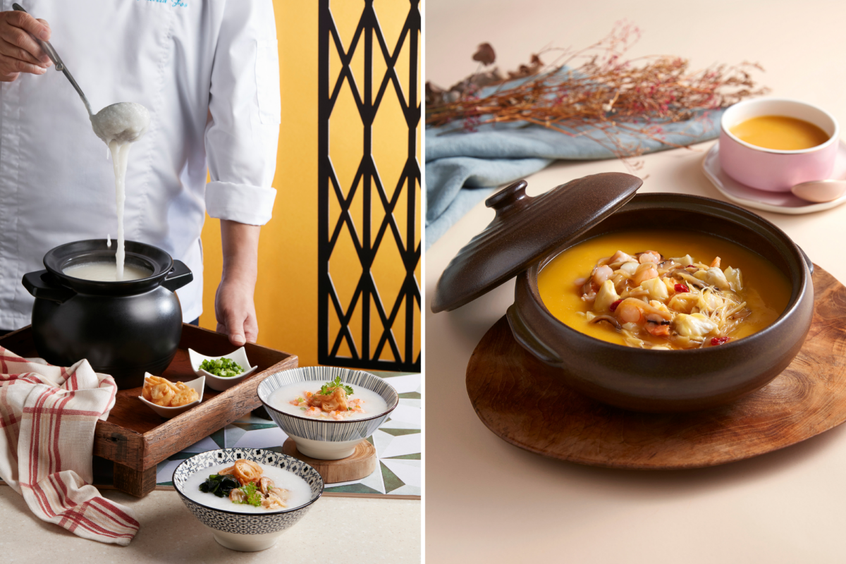 Scallop and Kelp Congee, Flying Fish Roe & Prawn Paste Congee (left); Braised Shredded Seafood with Superior Thick Soup (right)