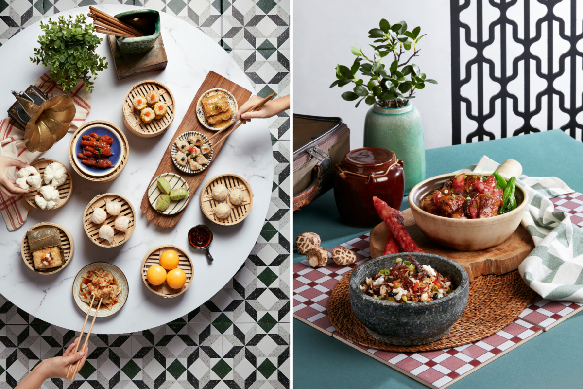Hong Kong Yum Cha Dim Sum (left); Fried Brown Rice with Black Bean Dace Fish & Egg White, Claypot Rice with Chinese Sausage Mushroom and Chicken (right)