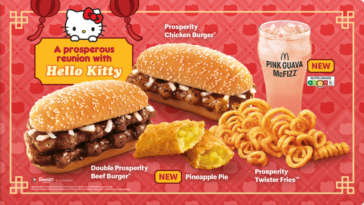 McDonald's x Hello Kitty Prosperity Burger, Prosperity Twister Fries, Ha! Chicken Drumlets, Pineapple Pie and Pink Guava McFizz