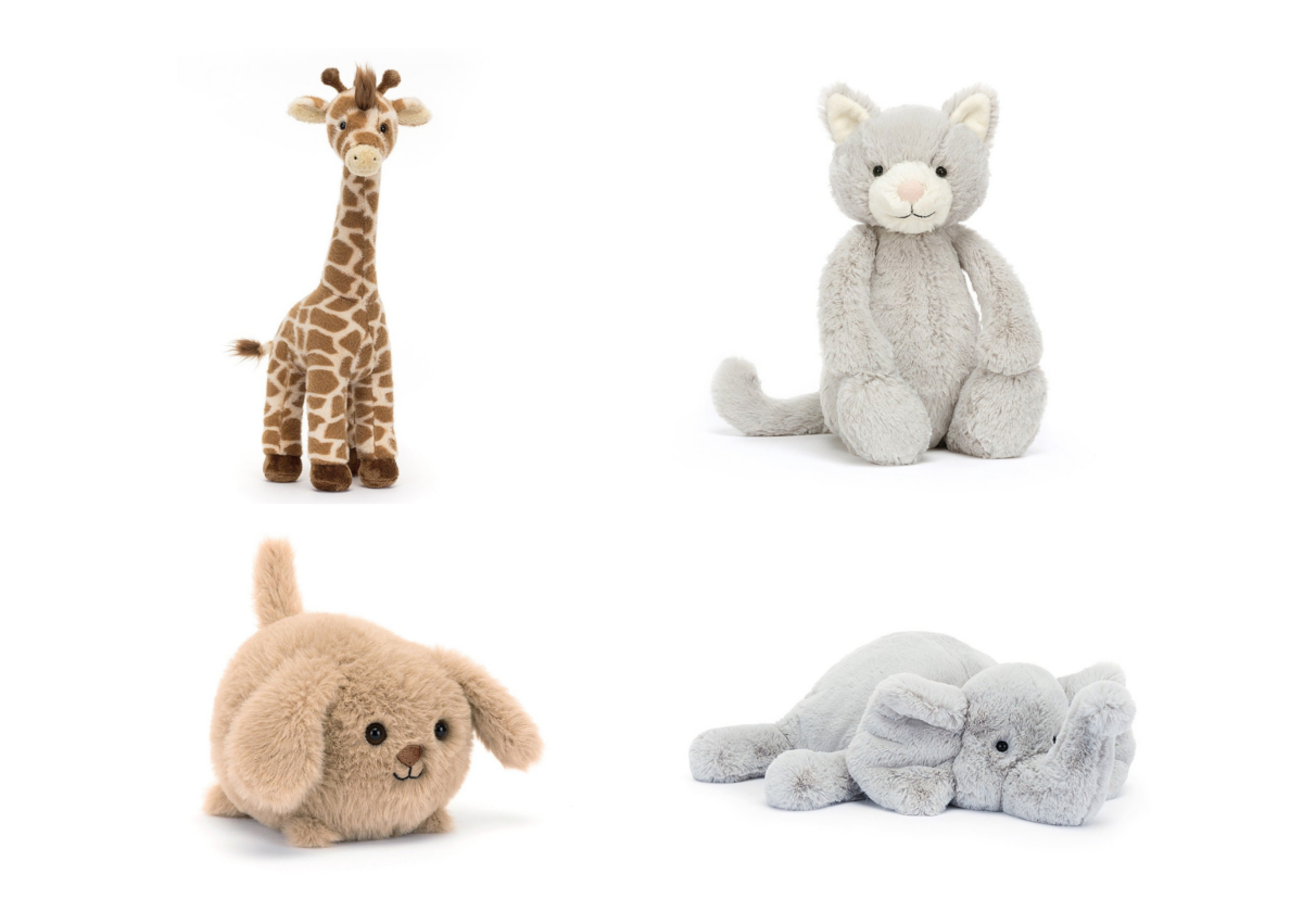 From left: Dara Giraffe, Bashful Grey Kitty, Caboodle Puppy, Wanderlust Elly