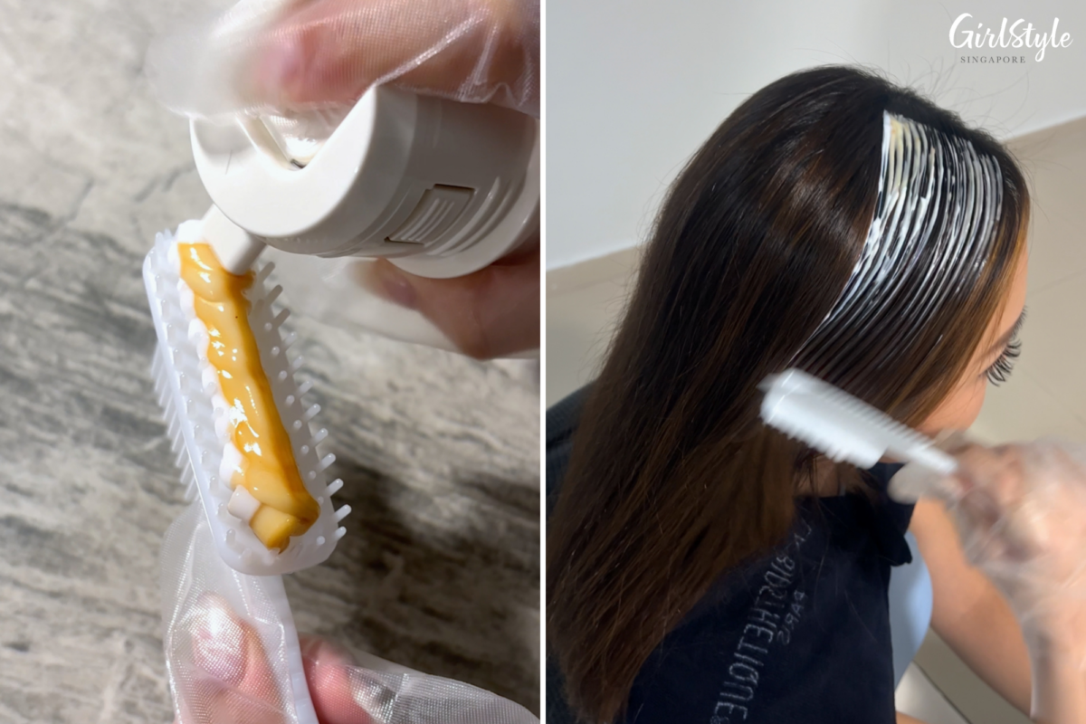 Samantha applies the product to the brush and combs her hair 