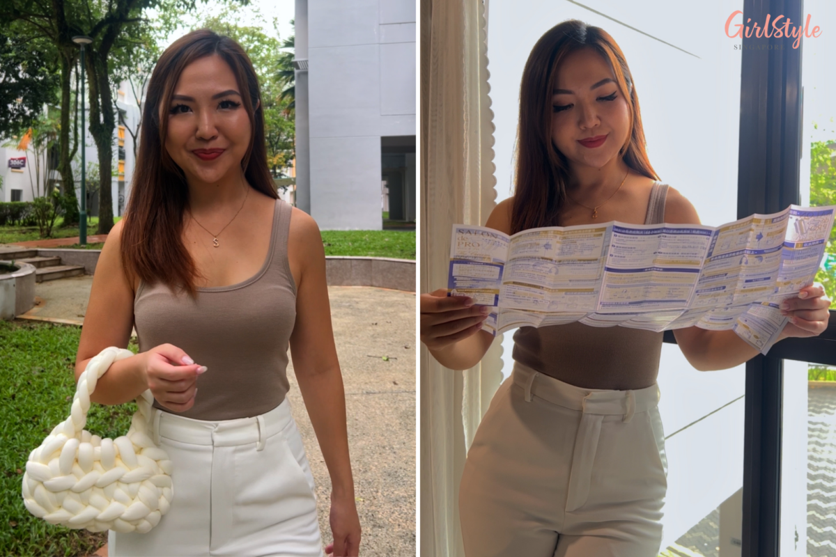 Samantha welcomes Team GirlStyle to her crib (left); she reads the instructions for Salon de Pro’s The Cream (right)