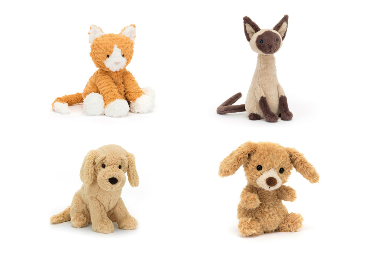 From left: Fuddlewuddle Ginger Cat, Iris Siamese Cat, Tilly Golden Retriever, Yummy Puppy