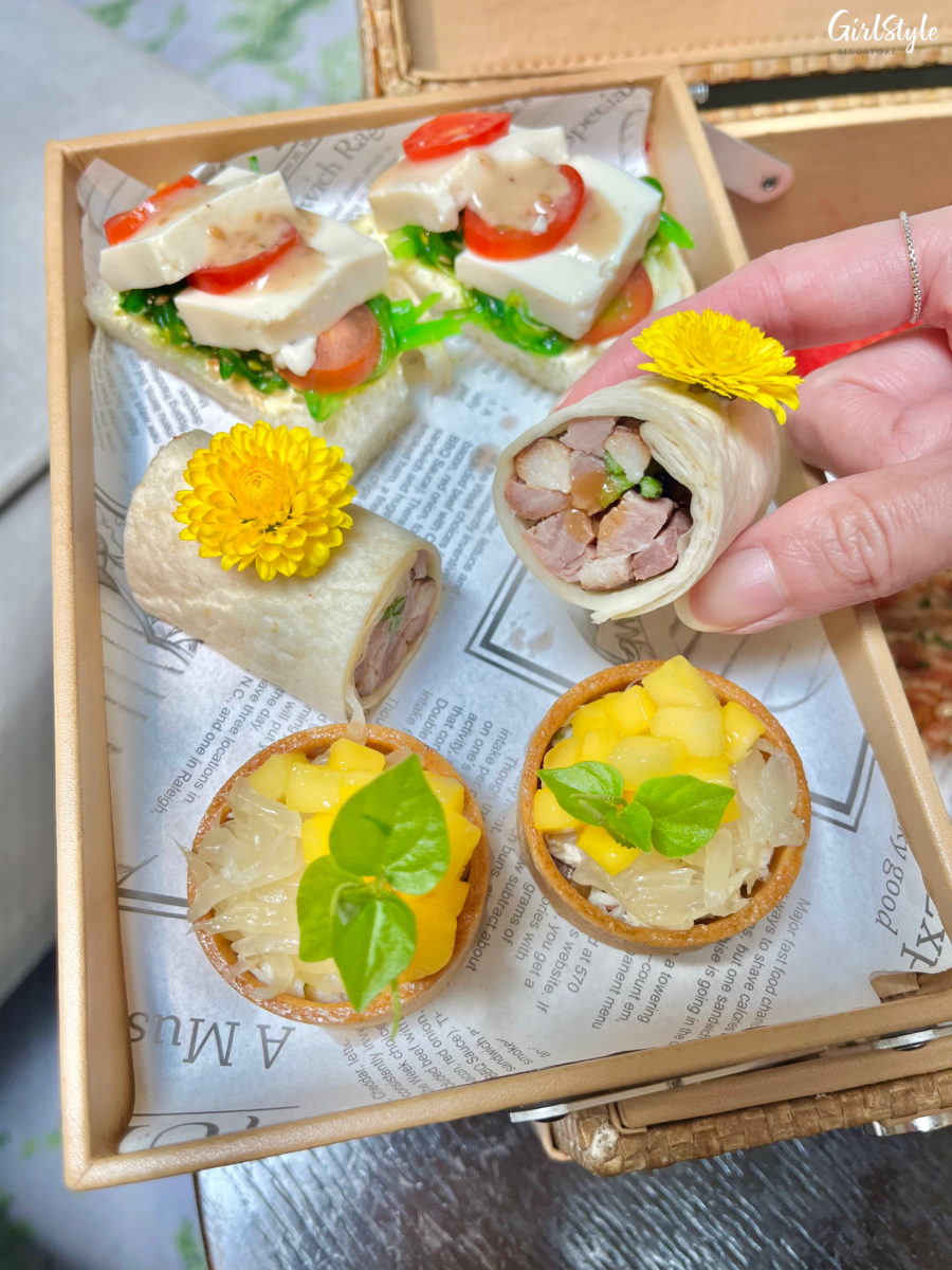Sandwich, Smoked Duck Tortilla & Crab Salad, Pomelo and Mango Tartlet