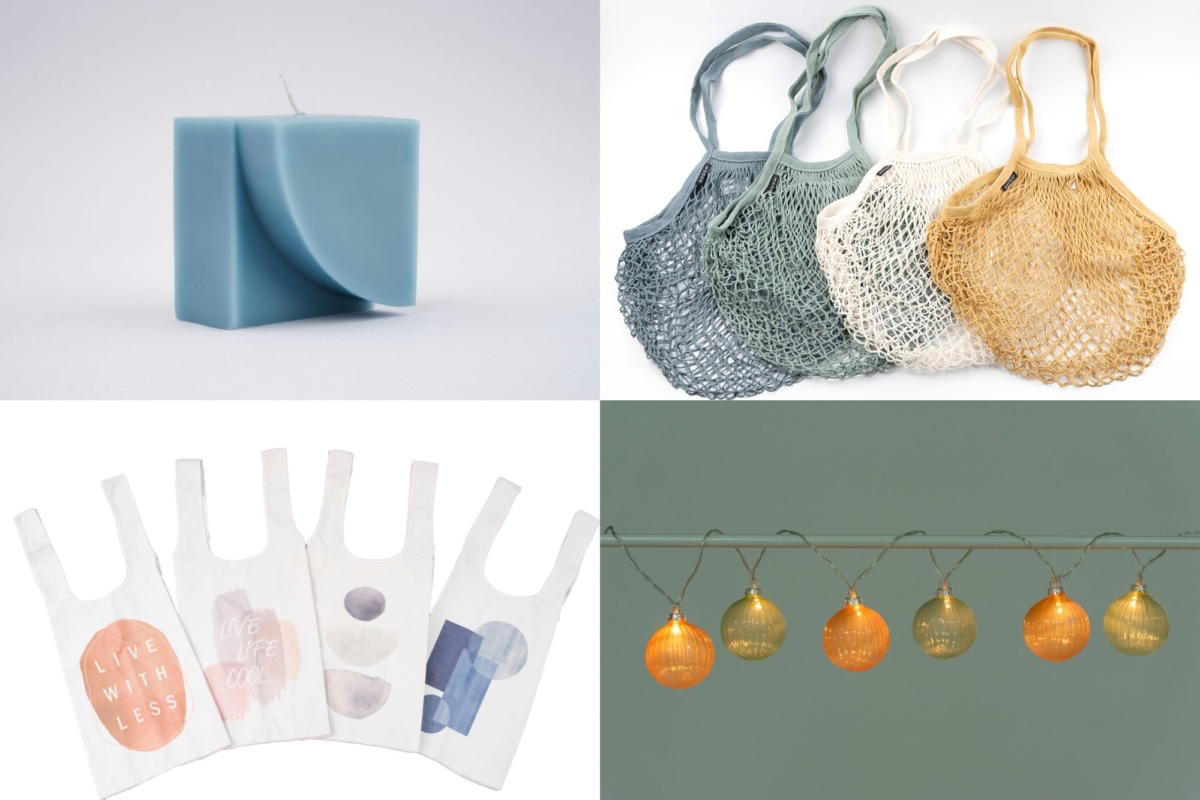 Collins candle (top left); Ximone bag (top right); Milux tote bag (bottom left); Bellina (bottom right)