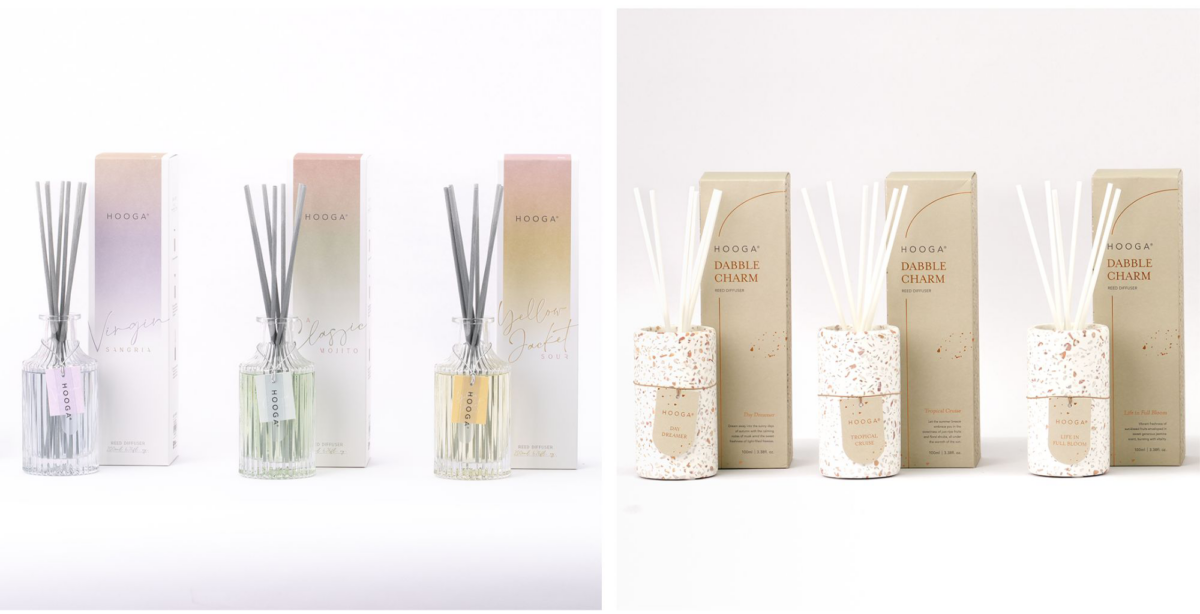 Reed diffusers from HOOGA’s Tipsy series (left) & Dabble Charm series (right)