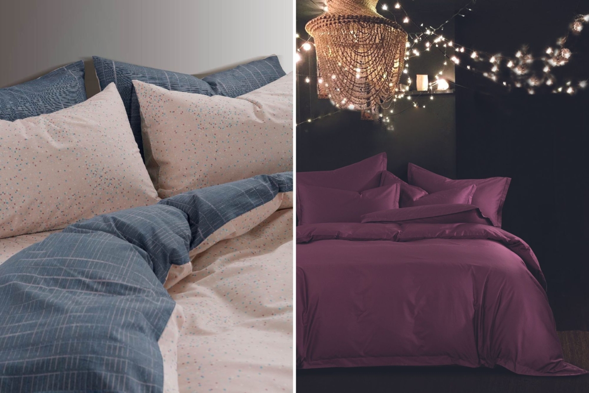 Aelfstan fitted sheet set from The Cara Collection (left); Zurin quilt cover set from The Ralphson Collection (right)