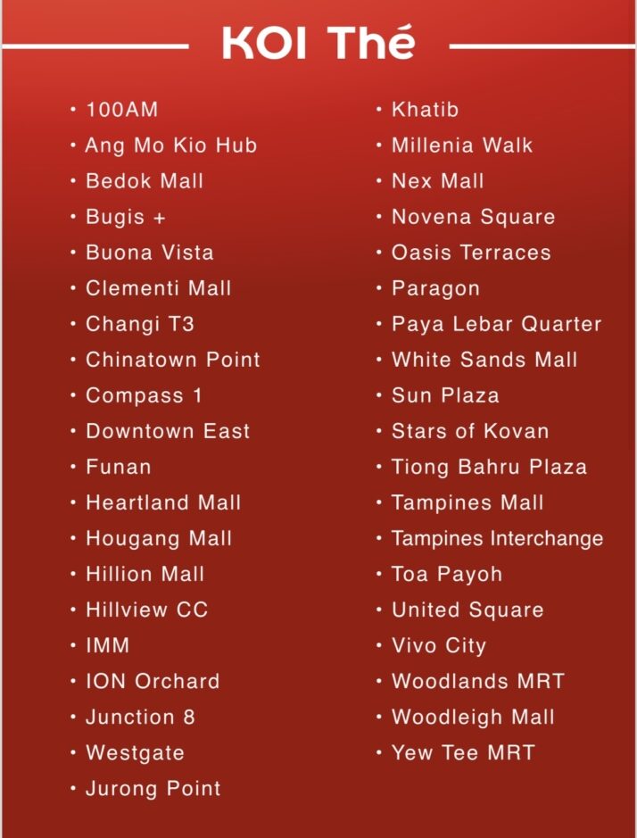 List of KOI Thé outlets for the KOI Free BB Bear Poker Cards