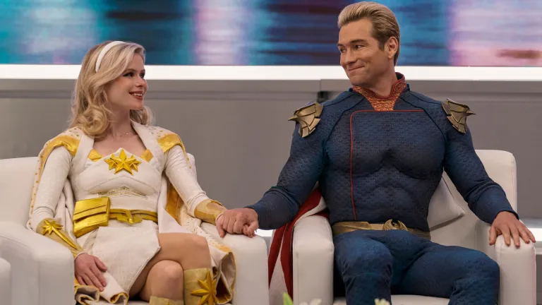 Erin Moriaty and Anthony Starr in The Boys