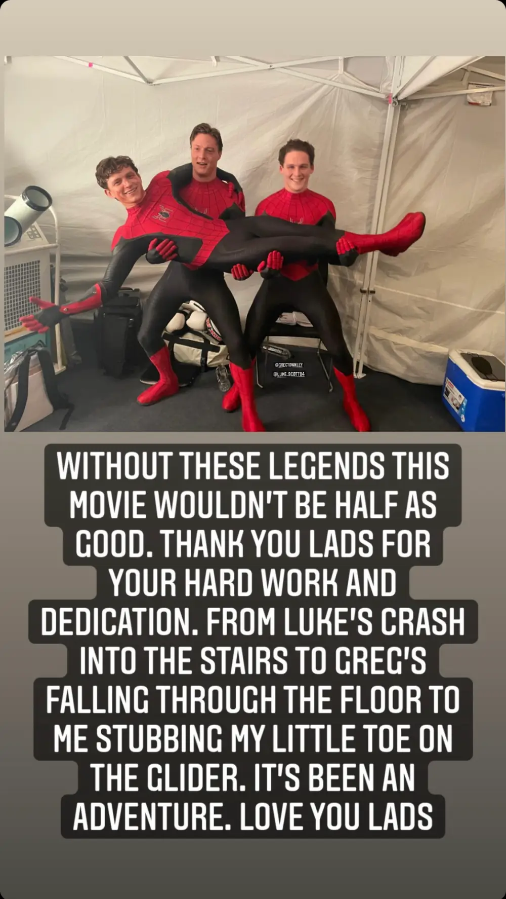 Tom Holland and his stunt doubles on the set of 'Spider-Man: No Way Home.' back in 2021