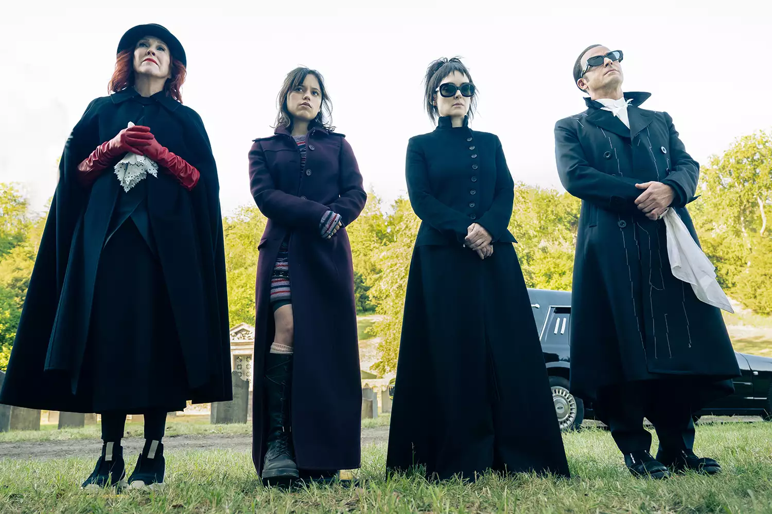 Catherine O'Hara, Jenna Ortega, Winona Ryder, and Justin Theroux in 'Beetlejuice Beetlejuice' 