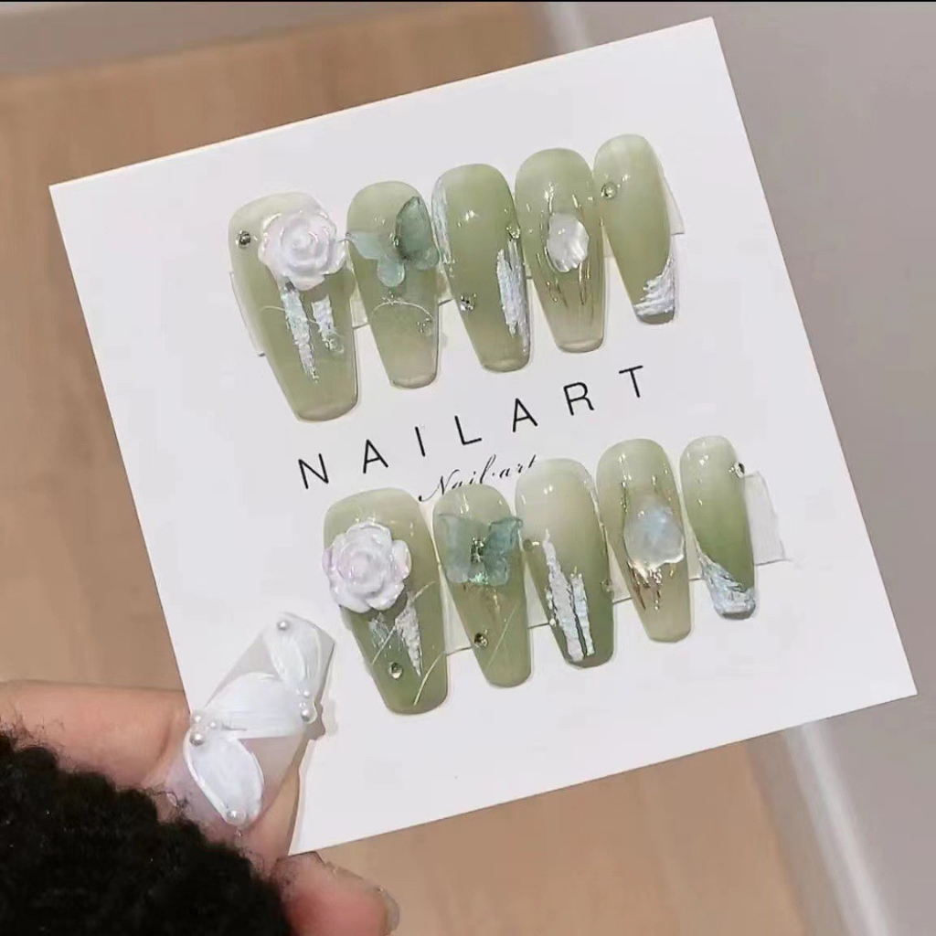 Green floral press-on nails